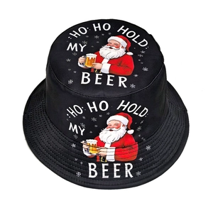 Black Christmas fisherman hat with Santa beer pattern and HO HO HOLD MY BEER print