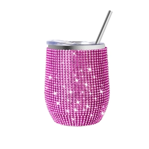 Pink rhinestone 12oz stainless steel wine tumbler with metal straw and lid