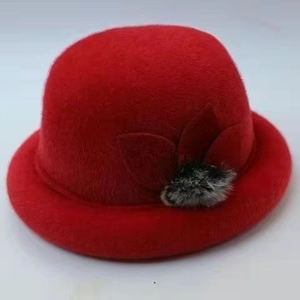Elegant red wool-like winter cloche hat for women with fabric flower and faux fur pompom