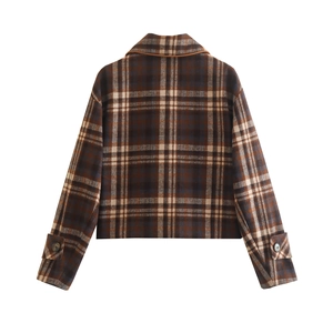 Women's vintage brown plaid wool jacket with turn-down collar and cropped design