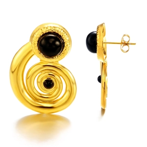Vintage gold spiral metal earrings featuring elegant black circular beads for women