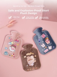 Detailed view of plush mini hot water bottles with cute cartoon patterns and soft covers