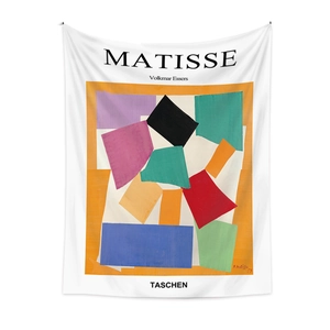 Detailed texture of bohemian Matisse style wall tapestry with abstract colorful paper cutouts