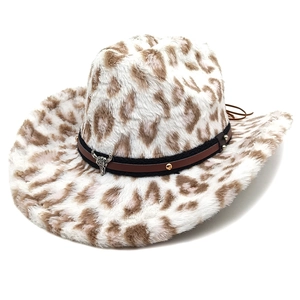 Leopard print plush cowboy hat with studded leather band and metal bull head emblem