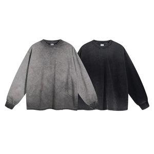 Vintage acid wash long sleeve cotton T-shirt with distressed edges in grey tones