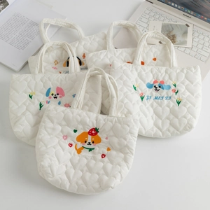 Quilted heart-patterned tote bag set featuring five adorable cartoon dog embroidery designs