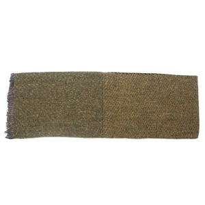 Close-up of winter scarf with brown and dark green herringbone pattern and fringe details