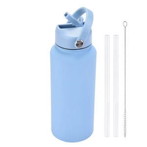 Detail of sky blue sports water bottle set with two straws and a cleaning brush
