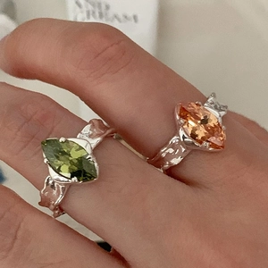 925 silver rings with olive green and amber orange stones in irregular lava texture design