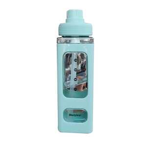 Square light blue plastic sports water bottle with straw, handle and 700ml scale markers