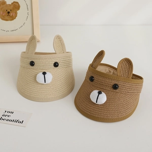 Kids cartoon bear straw sun visor hats in beige and brown colors for summer protection