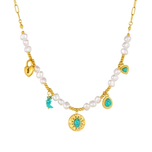 Bohemian gold necklace with baroque pearls, turquoise drops and heart lock pendant