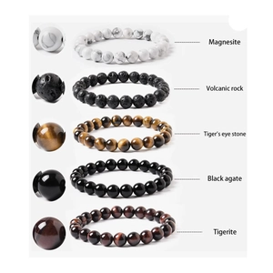 Set of 5 elastic 8mm round bead bracelets with tiger eye, agate and volcanic rock