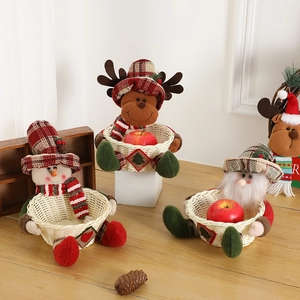 Christmas Plush Doll Candy Basket Bamboo Weave Santa Snowman Reindeer Tabletop Decoration Xmas Gift Storage
