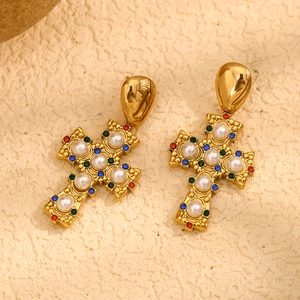 Vintage 18K gold plated stainless steel cross earrings with pearls and colorful stones