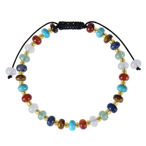 Detail of adjustable tiger eye bead bracelet with colorful natural stones on white back