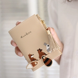 Women Cute Cartoon Animal Embroidery Wallet PU Leather Short Bifold Purse With Tassel Zipper For Girls Korean Style