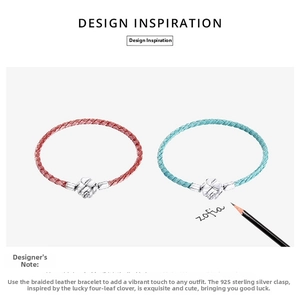 Detail of red and blue braided leather bracelets with 925 sterling silver clover clasps