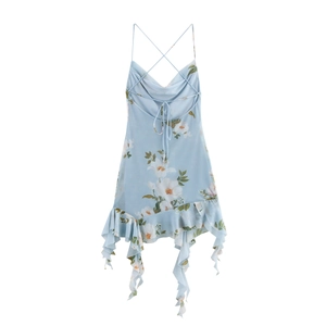 Robe Courte En Mesh Fleurie Pour Femmes Col Bénitier Dos Nu Bretelles Croisées Ourlet Volanté Bleu Clair Sexy Été Sans Manches