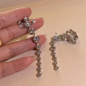 Silver needle Saturn planet drop earrings with cascading white zircon tassels and crystals