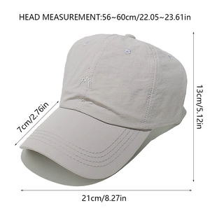Detailed measurement diagram for quick-dry baseball cap with dimensions and M embroidery