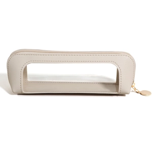 Minimalist cream white PU leather pencil case with large clear window and gold zipper