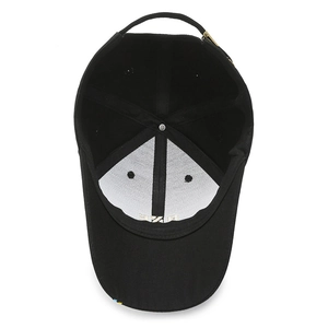 Inside view of black cotton baseball cap with adjustable metal buckle and embroidery