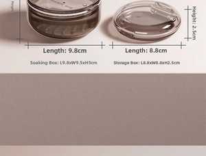 Brown orthodontic retainer case set showing dimensions for soaking and magnetic storage