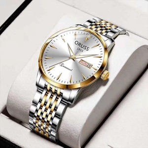 Business quartz watch for men with silver dial and two-tone stainless steel strap