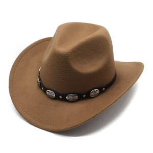 Detail of light brown wool felt cowboy hat with black leather band and silver floral studs
