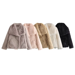 Faux fur lapel jackets shown in five colors: grey-purple, pink, khaki, white, and black
