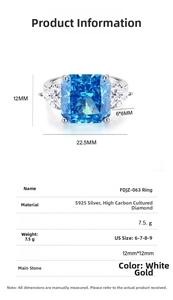 Detailed technical drawing of S925 silver ring with 12mm square blue stone and side hearts