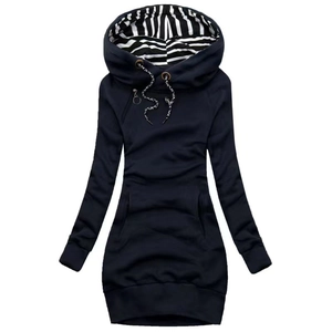Detail of navy blue hoodie with drawstring hood and black and white striped lining