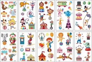 Set of 10 circus themed temporary tattoos for kids with clown lion elephant patterns