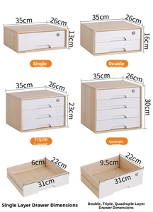 Detailed dimensions and configurations of multi-layer desktop drawer organizers.