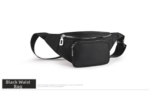 Detailed side view of black waterproof nylon waist bag with silver metal zippers