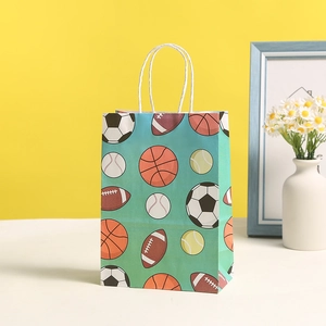 Sports themed paper gift bag with soccer and basketball patterns and rope handles
