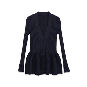 Women Ribbed Knit Peplum Cardigan And Ruffle Hem Flared Pants Ribbed Polyester Long Sleeve V Neck Casual Streetwear