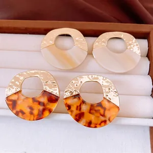 Retro Geometric Hollow Round Dangle Earrings Hammered Alloy Acrylic Resin 925 Sterling Silver Earring Post Women