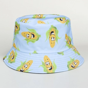 Detail of light blue sun hat with cute cartoon corn print and reinforced stitching