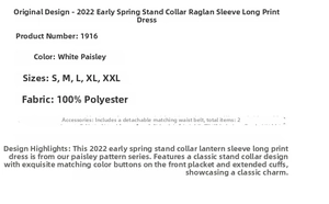Size chart and details of the paisley print long dress with stand collar and belt
