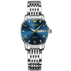 Luminous quartz business watch for women with blue sunburst dial and date display