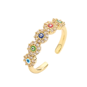 Detailed macro view of the gold adjustable ring with multi-color evil eye flower charms