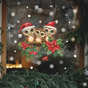 Christmas Owl Window Stickers Static Cling Decals PVC Snowflake Poinsettia Decorative For Glass Door Holiday Home Decor