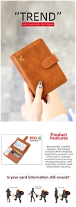 Brown leather passport wallet featuring RFID blocking technology and golden airplane logo