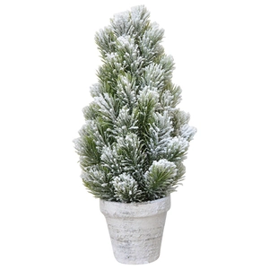 Nordic mini frosted Christmas tree with cedar wood base and snow effect in white pot