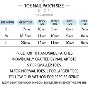 Size chart for black and silver press-on toenails showing S M L dimensions in mm