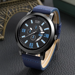 Men's business quartz watch with blue leather strap and black dial displayed at 45 degrees
