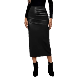 Minimalist high-waisted black PU leather midi skirt with side slit and ruched detail