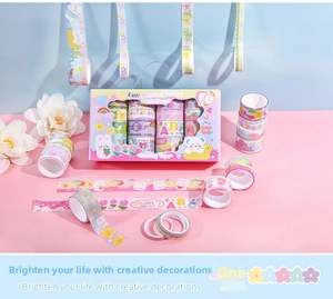 Close-up of 20 rolls of cute animal and alphabet washi tape set in macaron colors